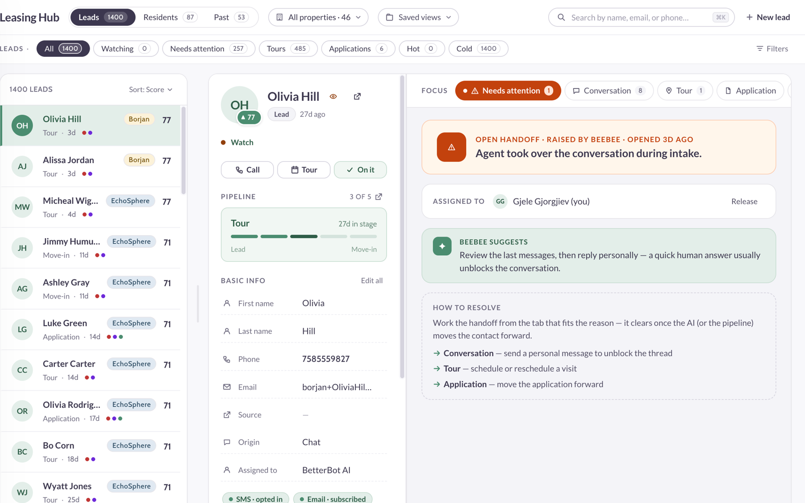Betterbot Leasing Dashboard: leads across all properties with pipeline, conversation, and AI handoff detail